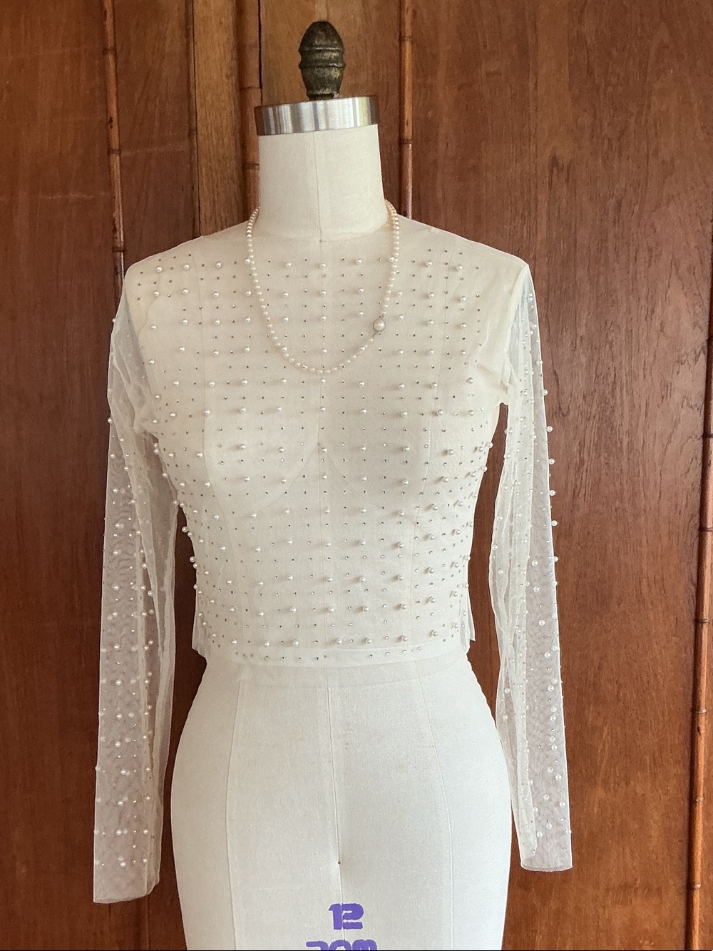 Sheer Pearl-and Crystal Embellished Long Sleeve Top Overlay